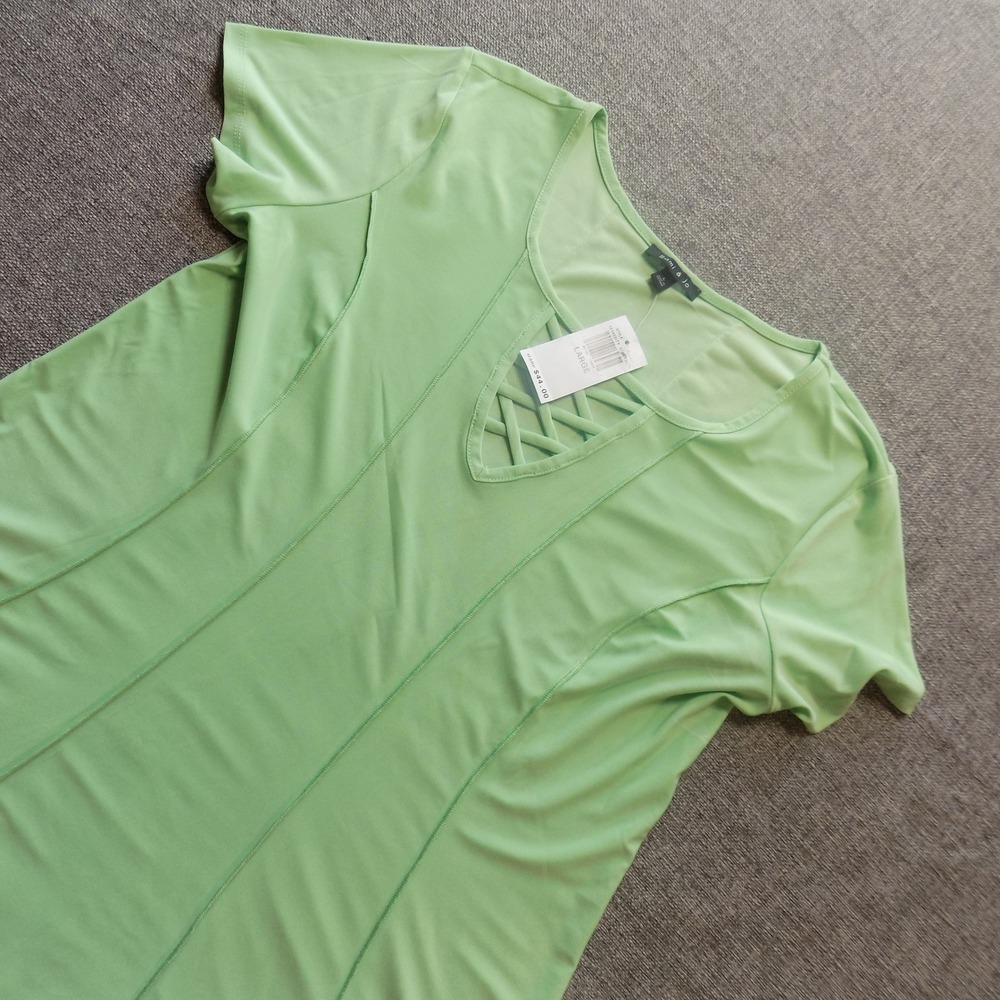 Sami & Jo Top Womens L Green New Lattice Strappy V-Neck Short Sleeve 121055ITY